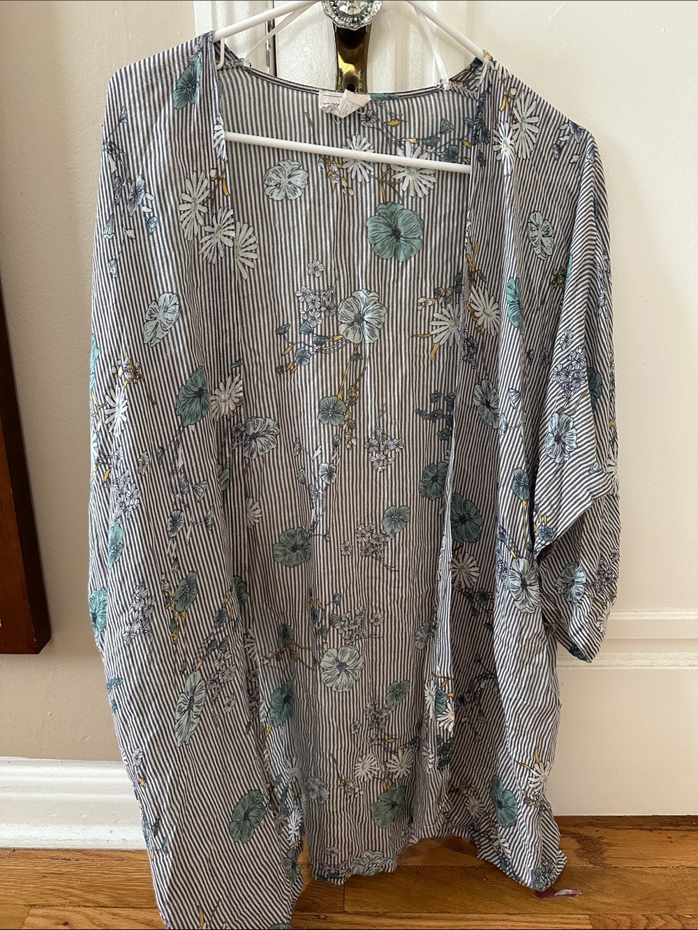 Melrose and Market Navy and White Striped Cardigan with Teal Floral Accents